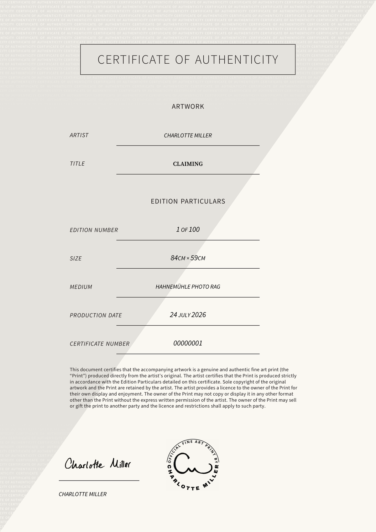 Claiming — Certificate of Authenticity