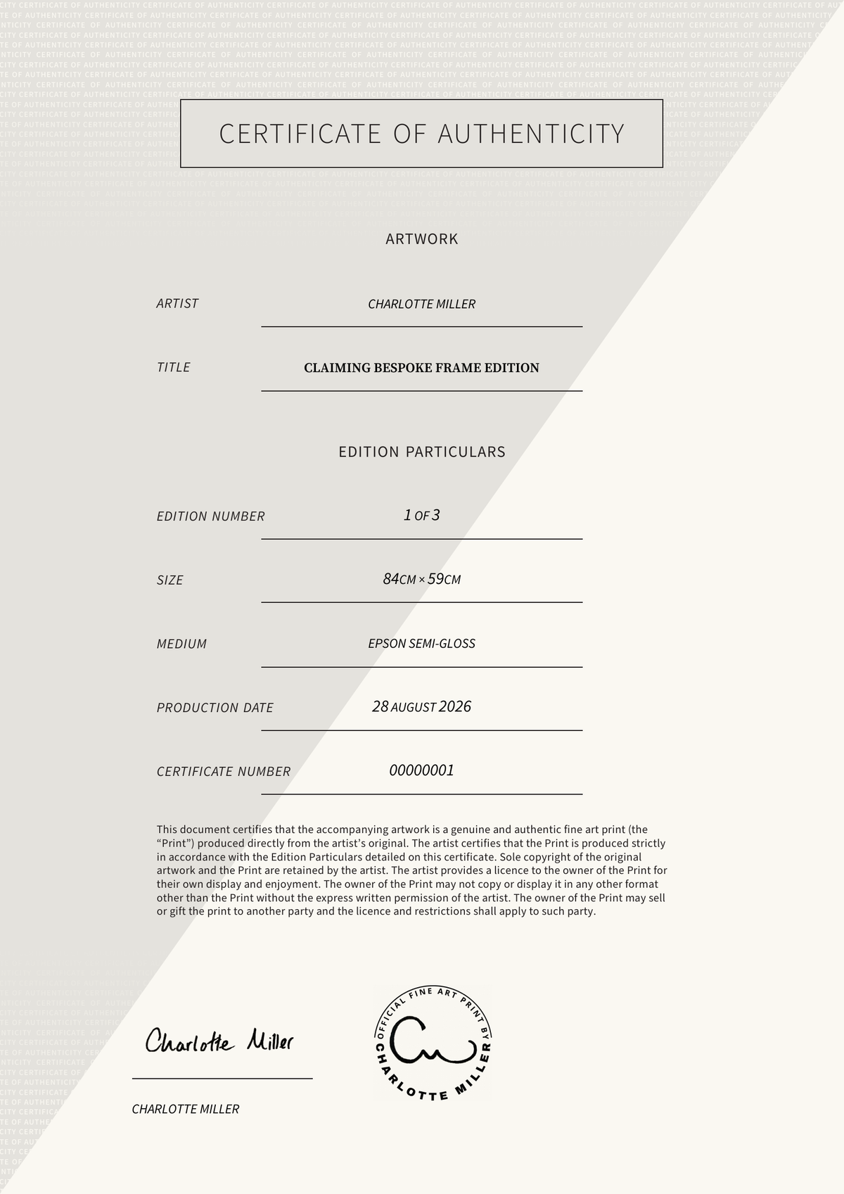 Claiming Bespoke Frame Edition — Certificate of Authenticity
